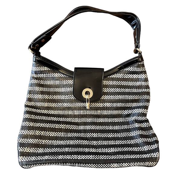 Kate Spade Shoulder Bag PurseStriped Black and White WickerPatent Leather